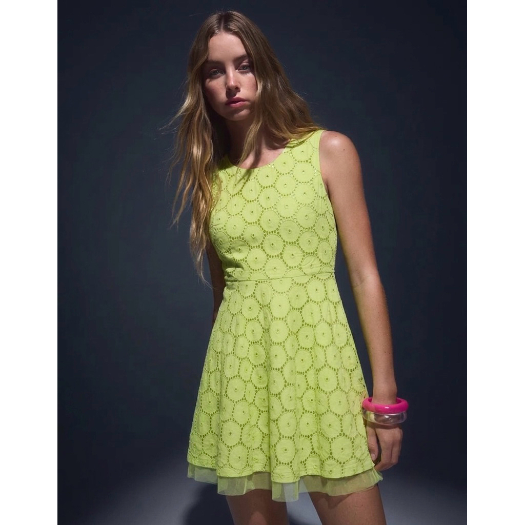 ME SENSE KOREA Lime Green Eyelet Lace Mini Dress | Korean Dress Sleeveless A-Line Casual Dress