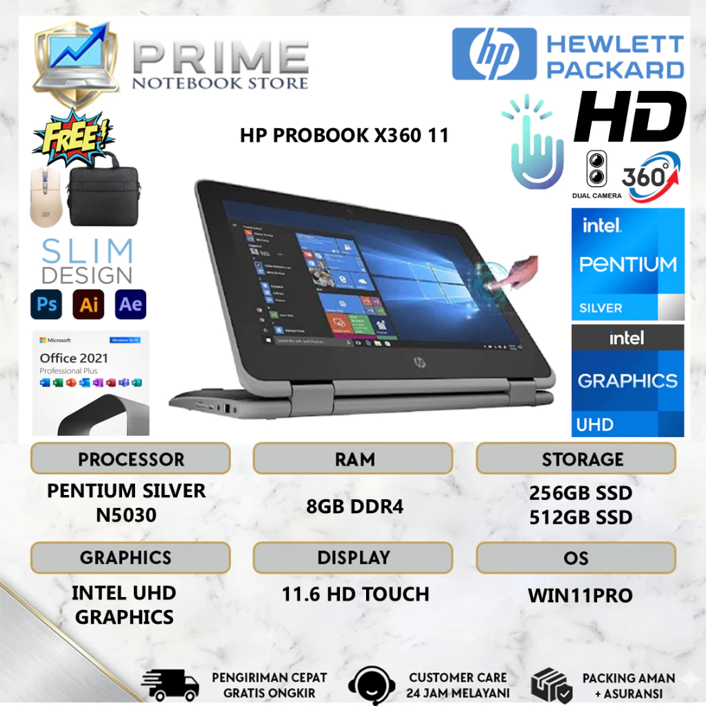 [ SPESIAL PROMO ] Laptop Touchscreen HP ProBook X360 INTEL N5030 RAM 8GB 1TB SSD Win11 Pro