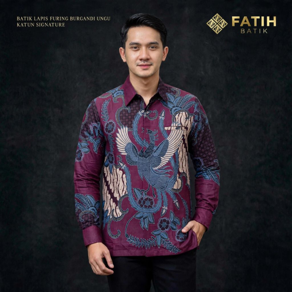 Batik Pria Lengan Panjang Burgandi - Lapis Furing - Bahan Katun Solo Reguler - Seragam Batik Cowok P