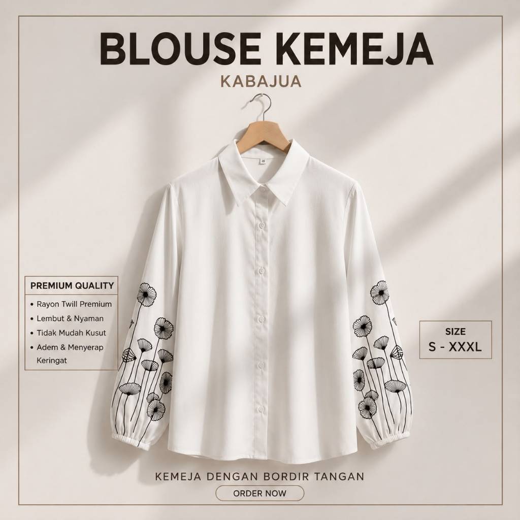 Kemeja Putih Wanita Bordir Bunga Lengan Balon Premium / Blus Kerja Korean Style Elegant