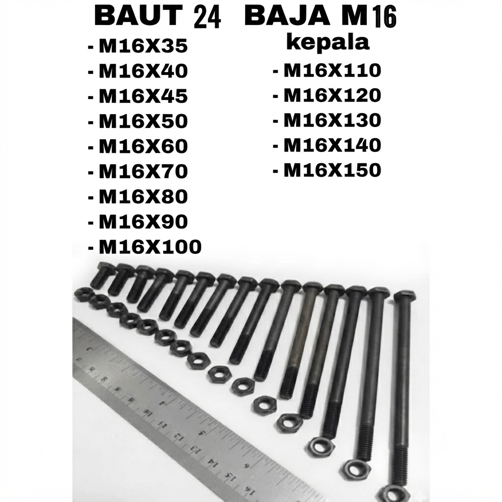 Baut 24 Baja M16 Panjang 35mm - 150mm Kunci 24 Baut set Mur M16 [DRAT HALUS][1PCS]