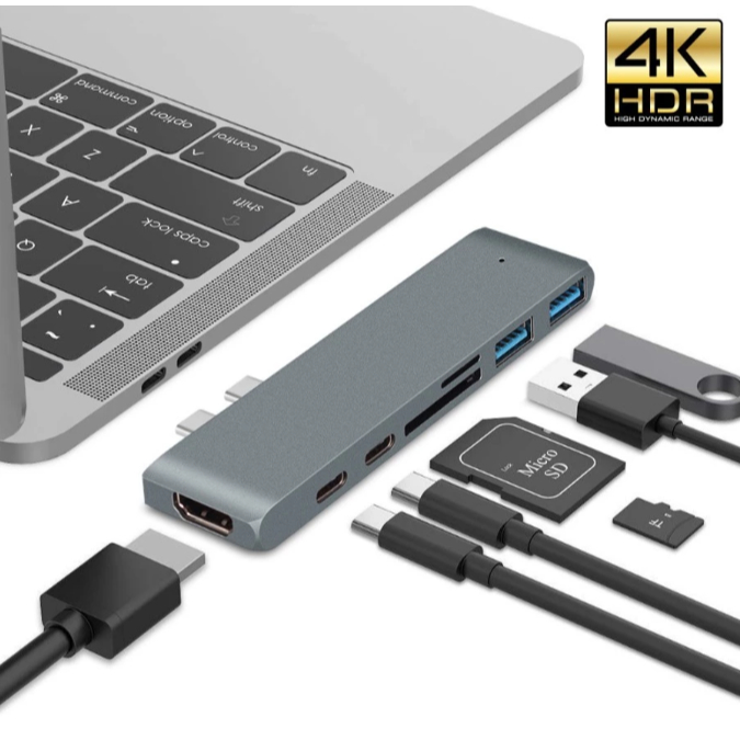 Hub 7 in 1 Dual Type C Adapter to HDMI Support MacBook Pro 13 15 2018 2020 2022 Air M1 M2 (Tidak Sup