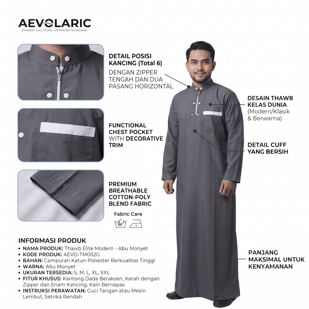 AEVOLARIC Jubah Gamis Pria Abu Abu Slimfit