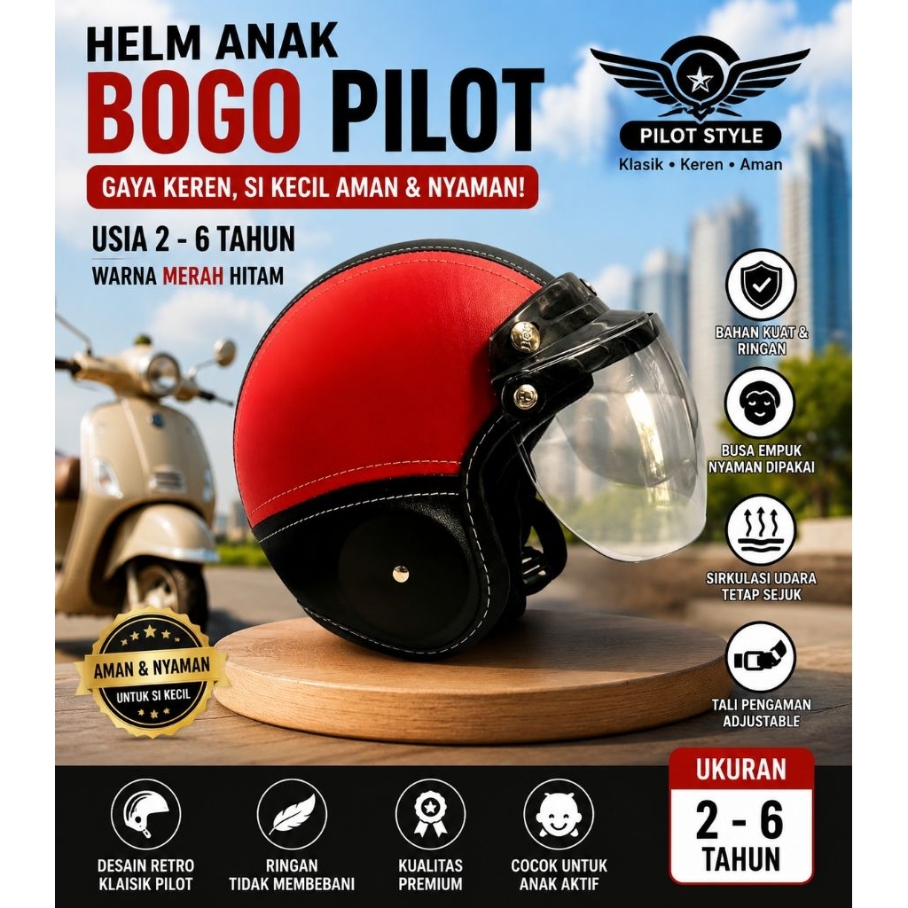 HELM ANAK BOGO PORORO KACA BOGO PILOT SCOOPY USIA 2-6 TH