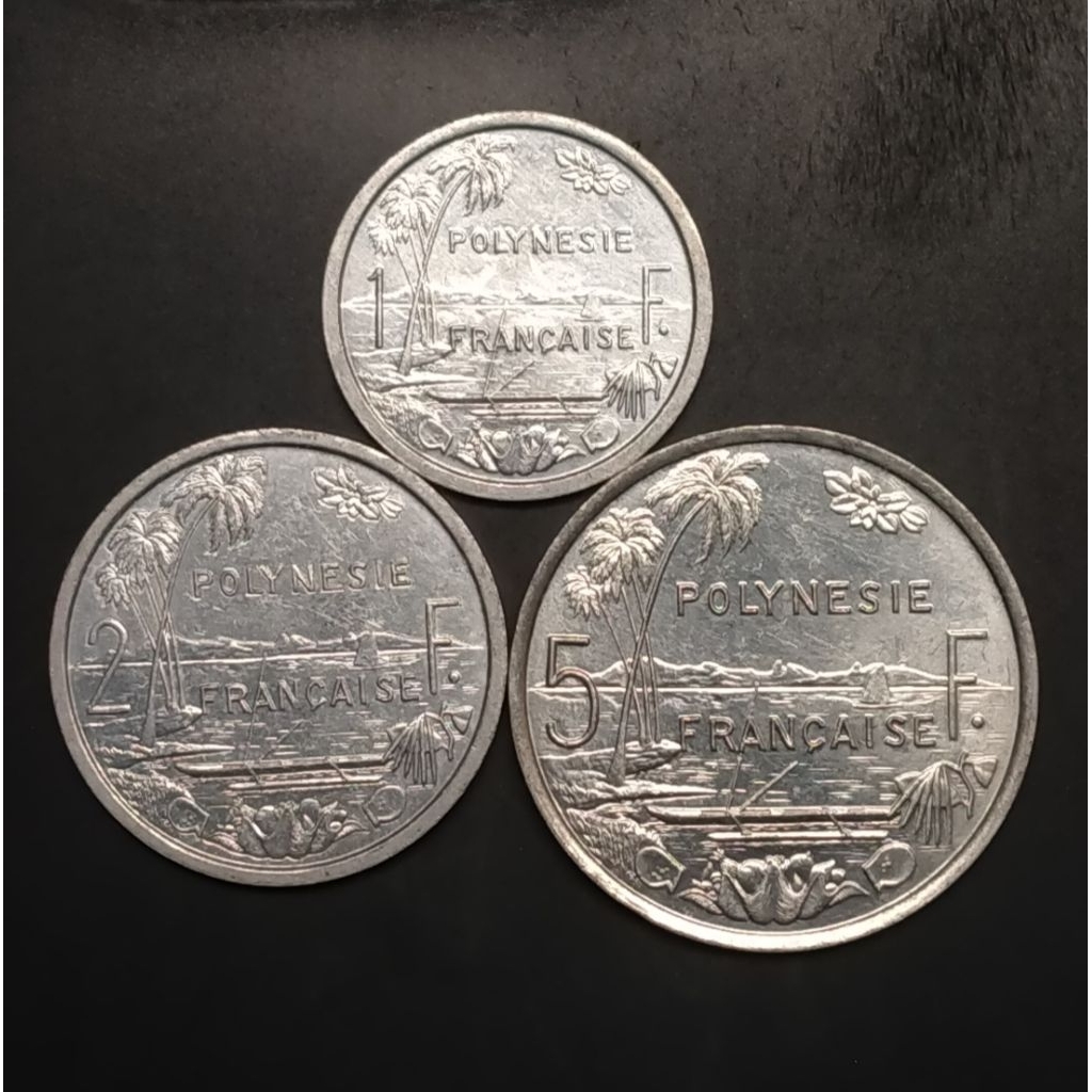 Set 3 Keping Koin Kuno Polnesia 1 - 2 - 5 Francs Koleksi unik Numismatik