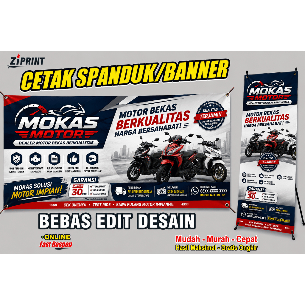 spanduk banner Mokas Motor custom cetak banner spanduk baliho satuan grosir