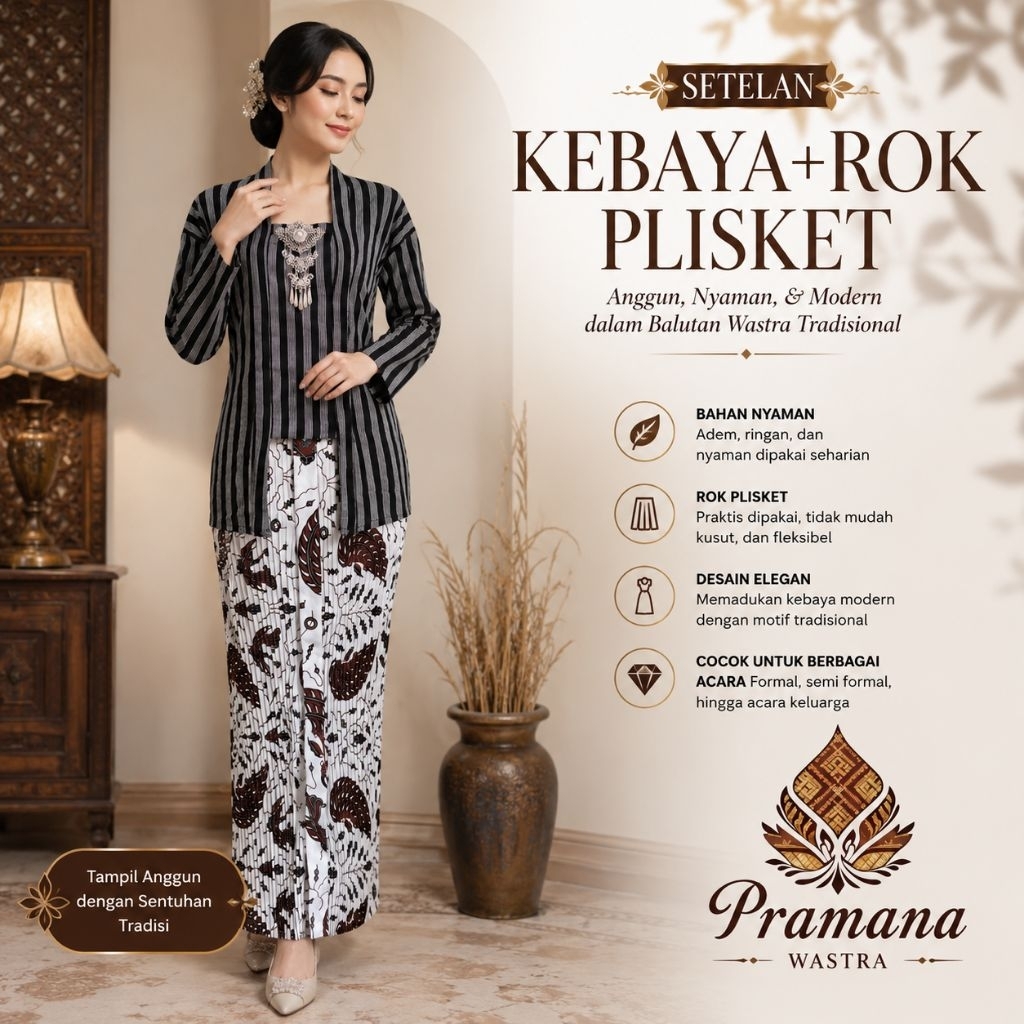 SETELAN KEBAYA ABU + ROK PLISKET  Seragam Baju