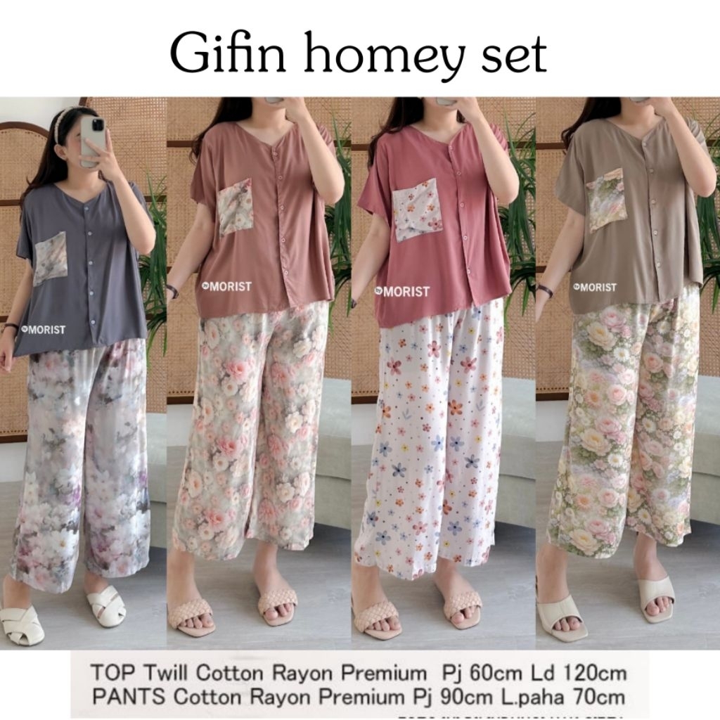 77. ELIFA gifin daily set setelan wanita piyama pendek + celana pendek bahan rayon motif mix polos o