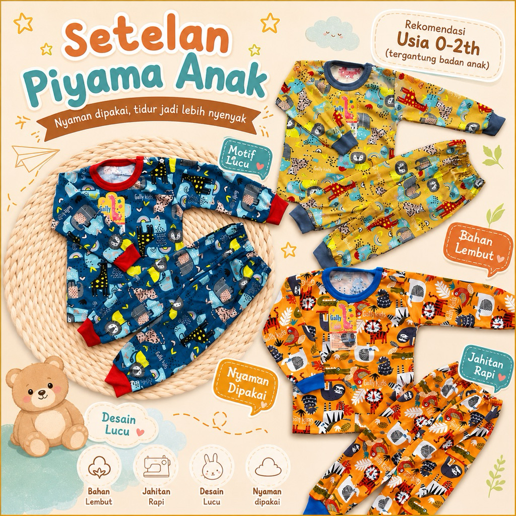 GAFFY SIZE 1 - SET PANJANG MOTIF USIA 0-2 tahun