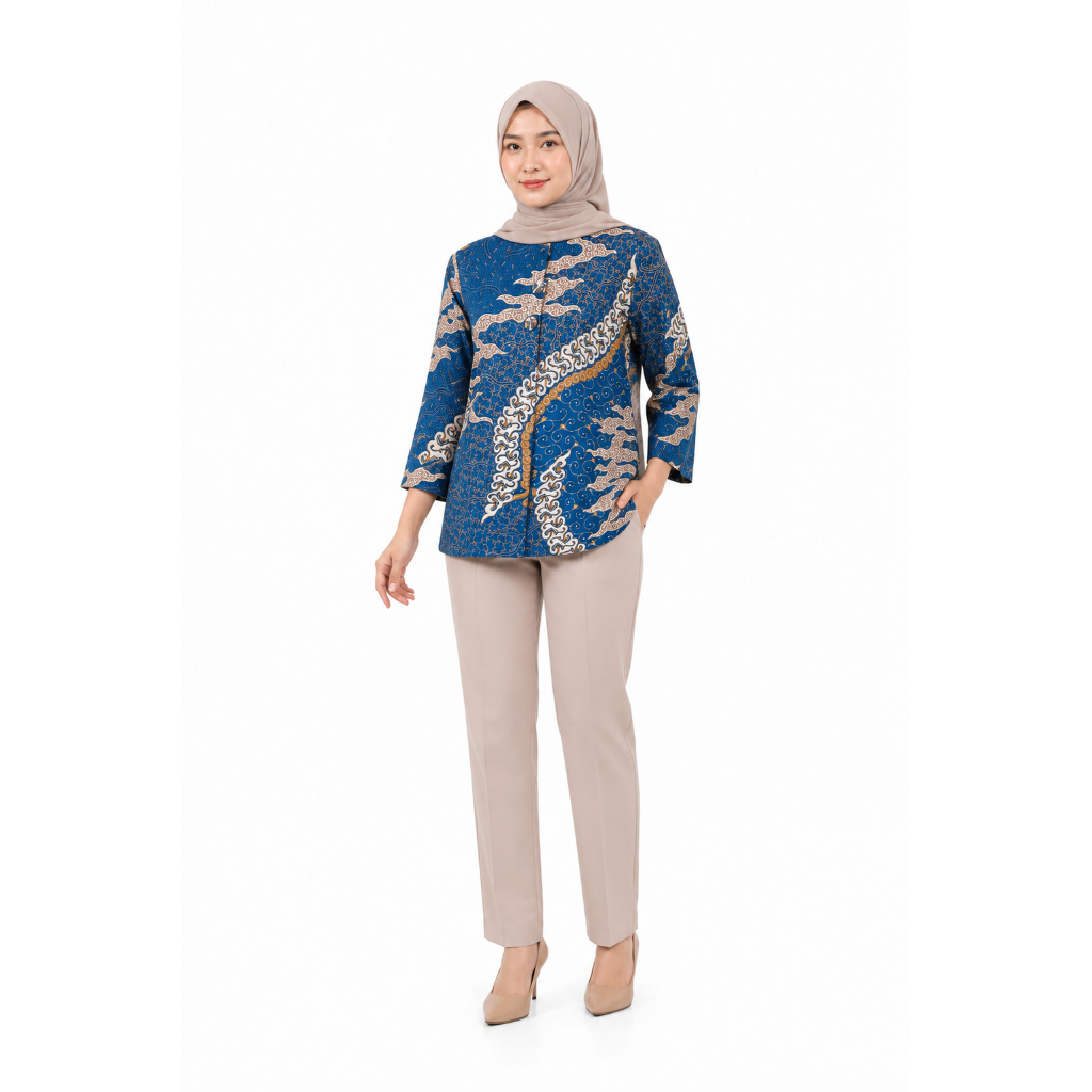 Batik Blus Najib Biru l Blus Kantor & Kondangan l Batik Lengan 7/8 Cocok Dipakai Seharian