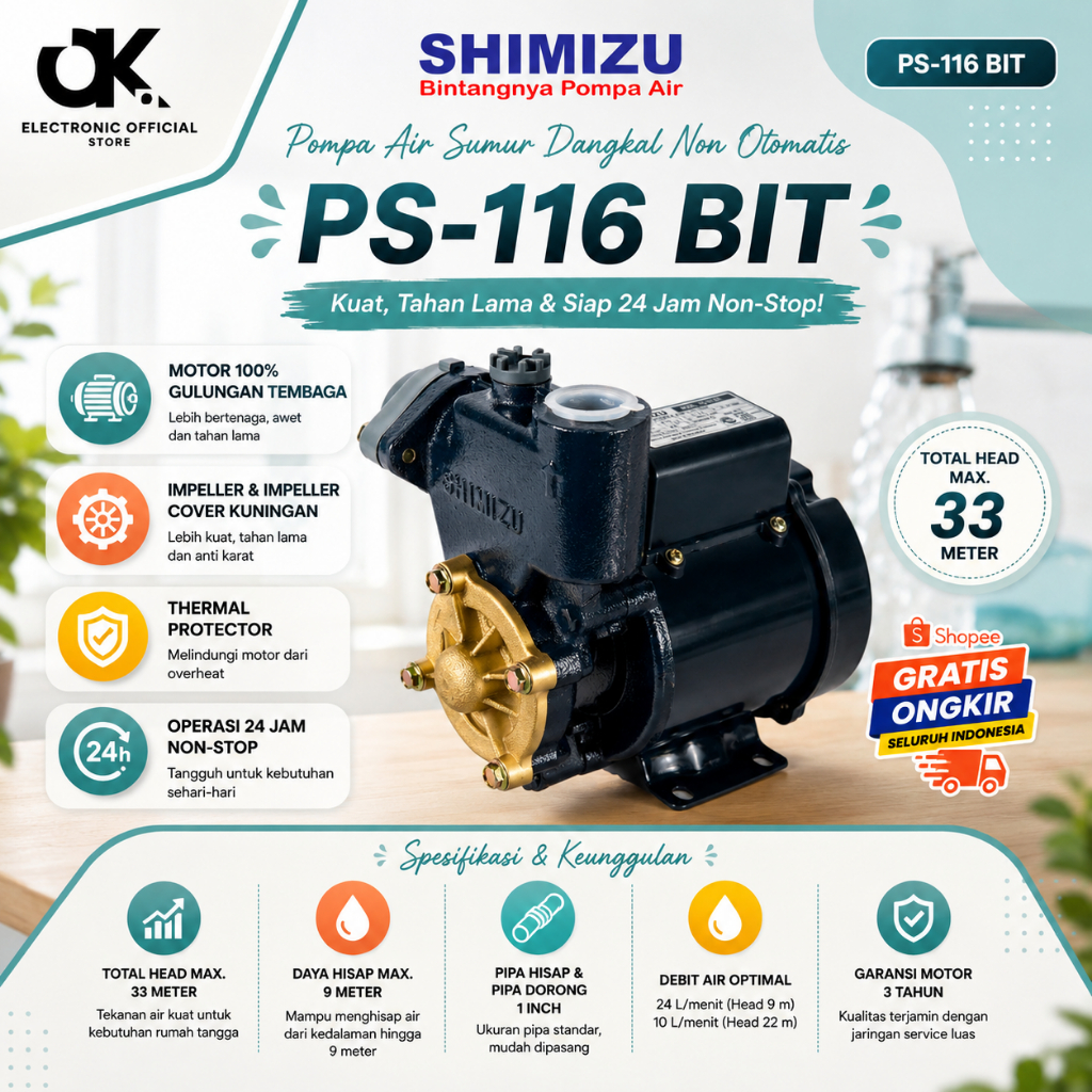 SHIMIZU WATER PUMP PS 116 BIT POMPA AIR NON AUTOMATIC/PS116BIT/PS116 BIT/PS 116BIT/ORIGINAL/GARANSI