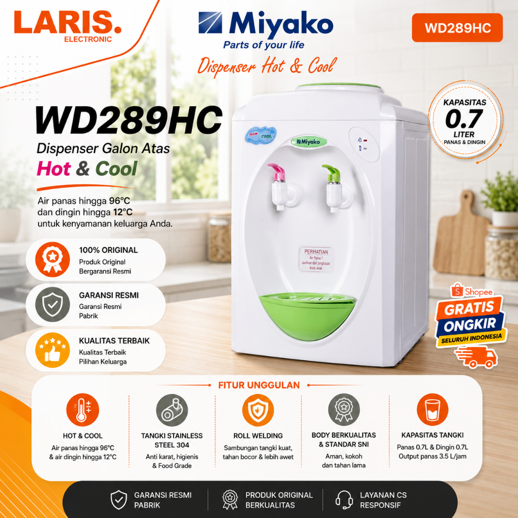 DISPENSER MIYAKO GALON ATAS WD 289HC/WD289HC/WD289 HC/WD 289 HC/WD-289HC/ORIGINAL/BERGARANSI RESMI