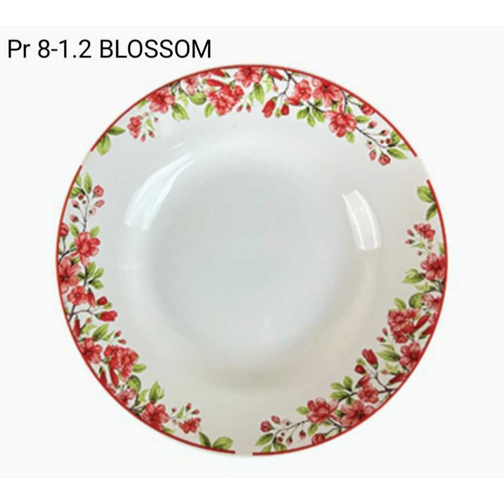 Piring Makan Keramik 8 Inchi/ 1 Lusin Piring keramik Motif Bunga Blossom