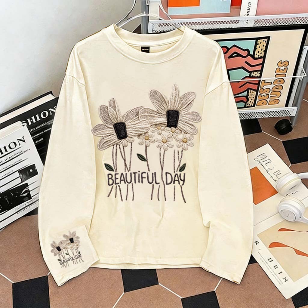 CC T-SHIRT COD | Kaos Oversize Lengan Panjang | Cetakan desain bunga daisy | Korean Style | 100% Cot