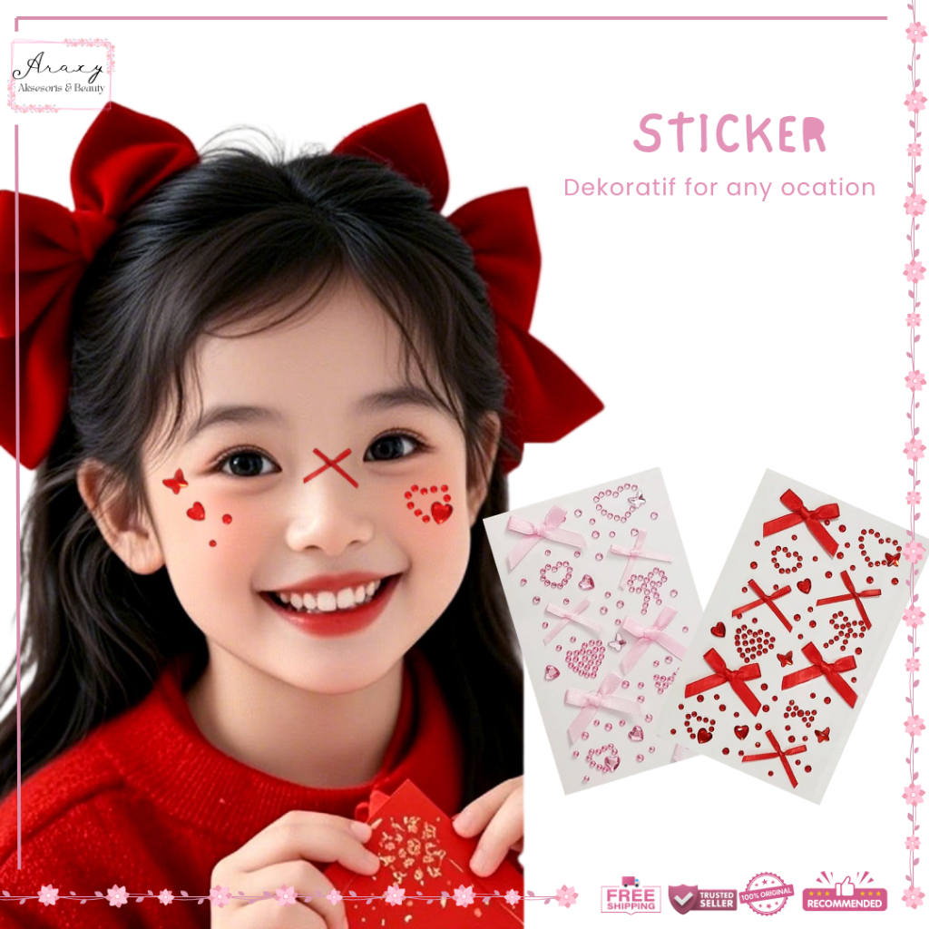 Stiker Wajah Karnaval - Sticker Agustusan New Year's Eve Red Bow Diamond Sticker Face Knot Fan Band 