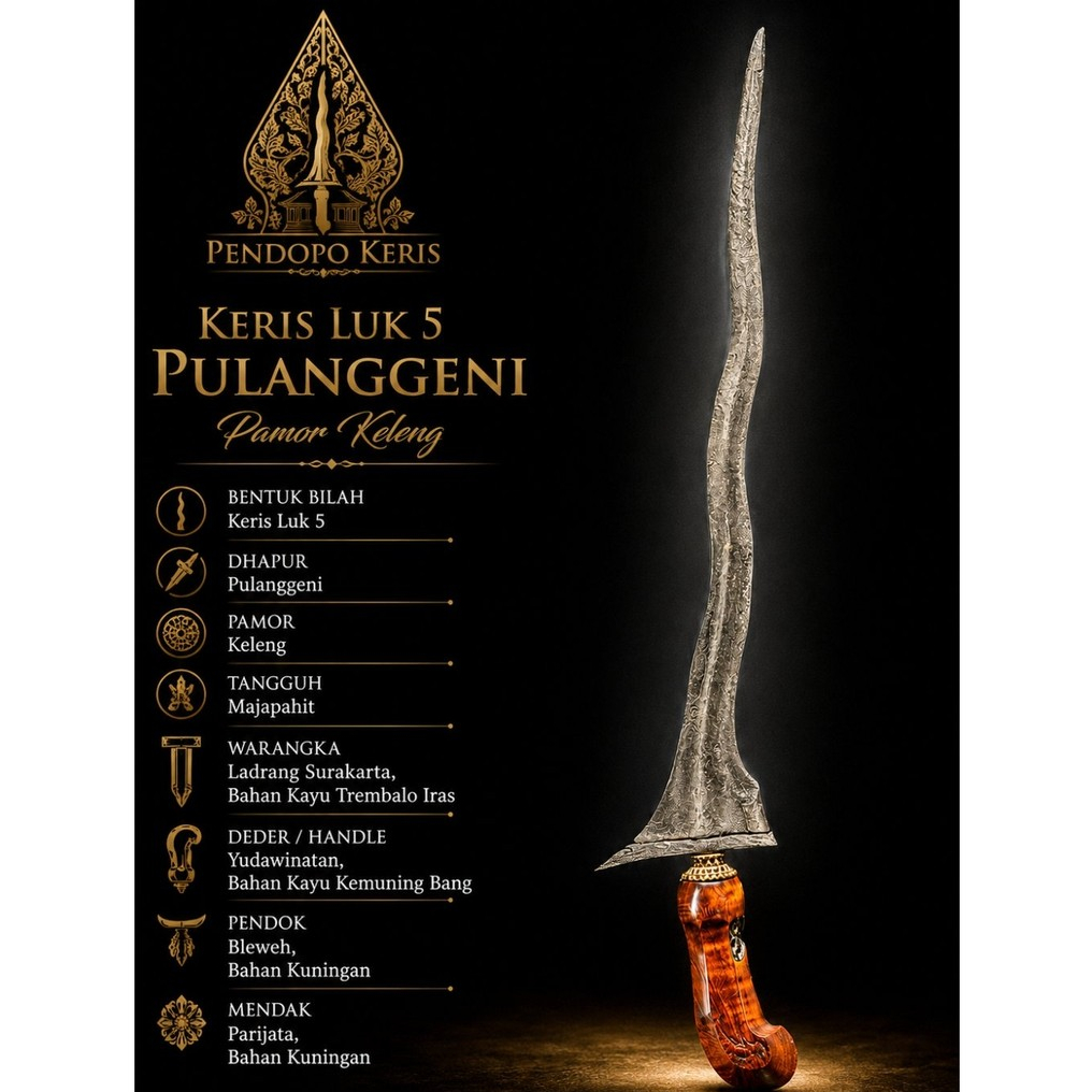 Keris Pulanggeni Luk 5 Pamor Keleng Tangguh Majapahit