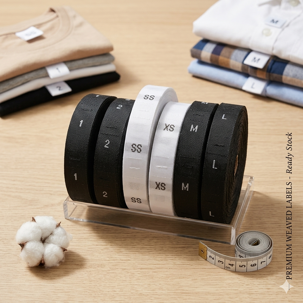 Size Label Bordir Hitam Putih Woven Angka Huruf