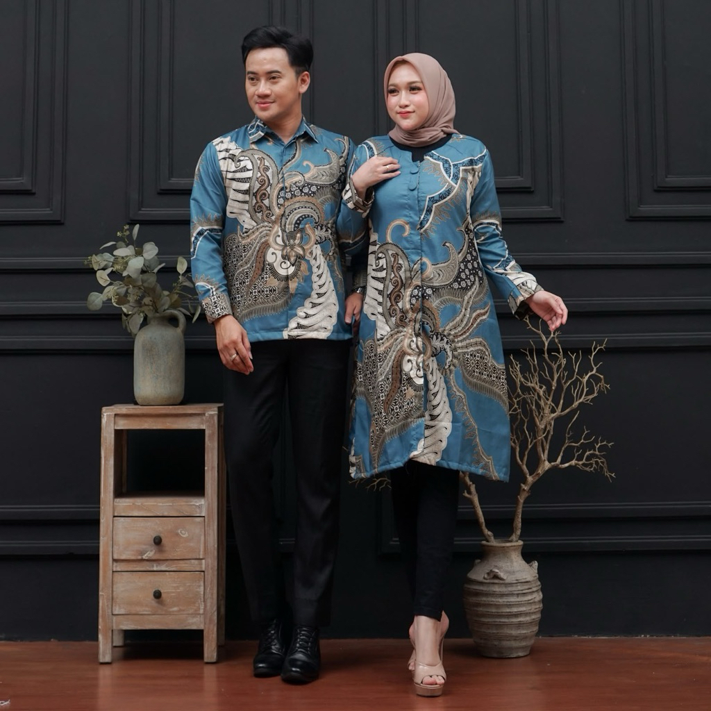Batik atasan Couple premium lapis lengan panjang wanita tunik busui warna biru langit Size lengkap