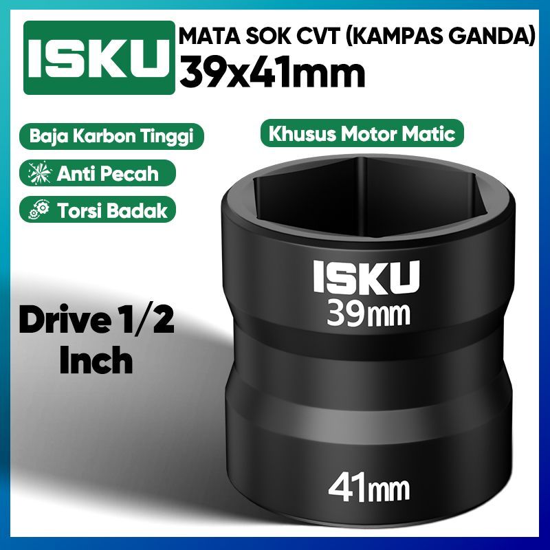 ISKU Mata Sok CVT 39x41mm Kunci Kampas Ganda Motor Matic Impact Socket 1/2 Inch Dual Size Dinding Te