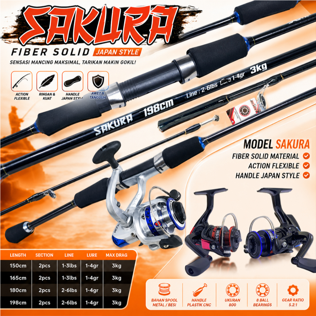 Sepaket Joran UL Sakura Sambung 2 2-6lb  dan Reel Spool Besi
