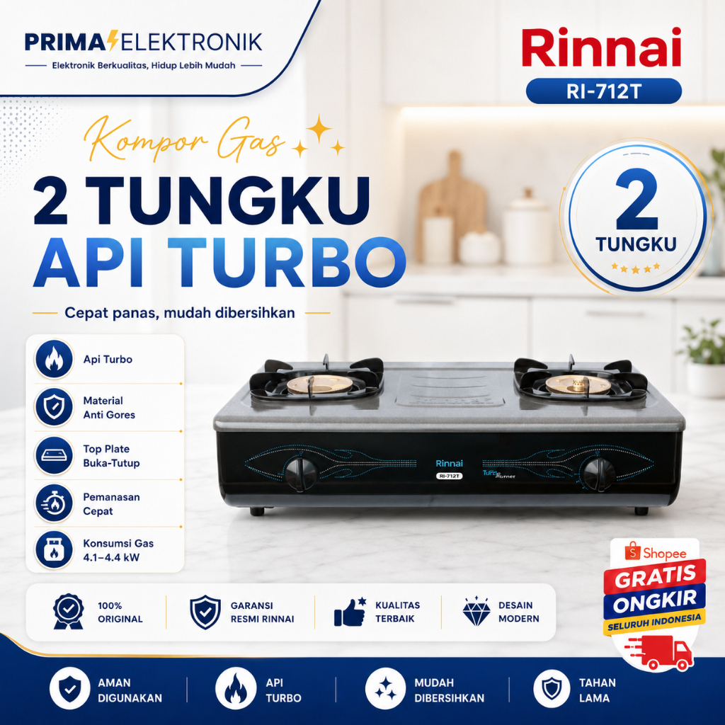 RINNAI KOMPOR GAS 2 TUNGKU RI 712 TG/RI712TG/RI 712TG/RI712 TG/RI-712TG/RI-712  TG/ORIGINAL/GARANSI