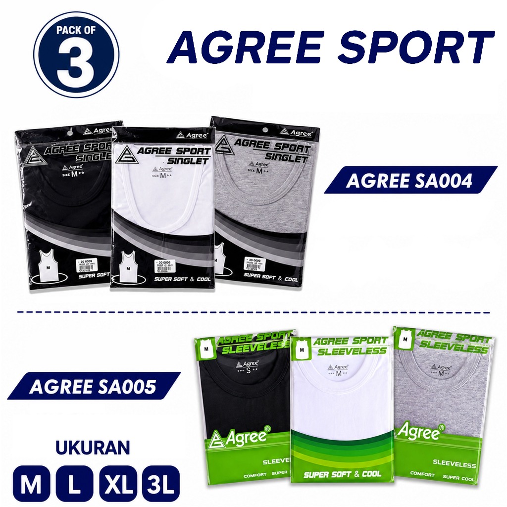 ( 3PCS ) KAOS DALAM PRIA SA004 | SA005 AGREE SINGLET COWOK SA 004 / SA 005  M-XXL