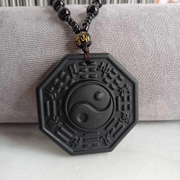 Kalung Yinyang Batu Obsidian Hitam Doff Aksesoris Gambar Yin Yang Import High Quality - Buddhist Nec