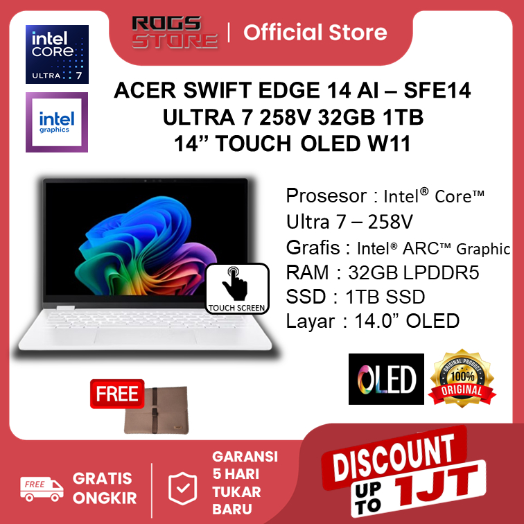 ACER SWIFT EDGE 14 AI OLED TOUCH - ULTRA 7 258V 32GB 1TB 14" W11+OHS.77WL