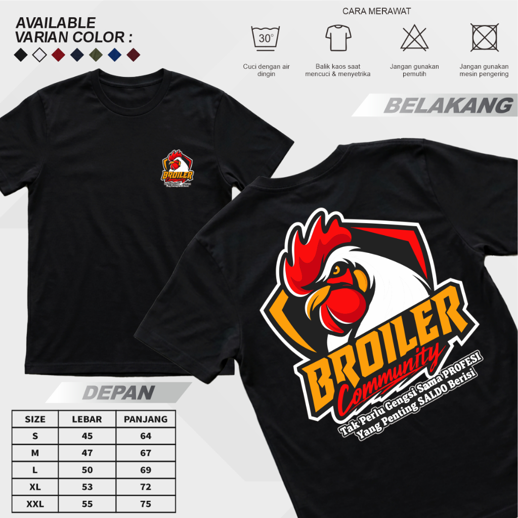 Kaos Polos Hitam Desain Broiler Community Cotton Combed 24s Premium - T-Shirt Pria Wanita Unsex Dist