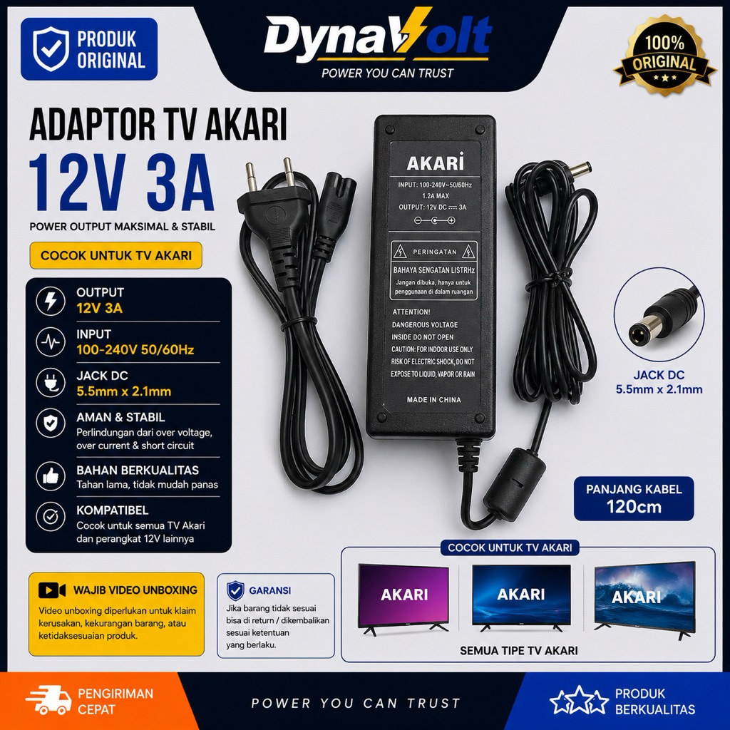 Adaptor TV Akari 12V 3A Jack 5.5 x 2.1mm – Power Supply TV LED/LCD || DynaVolt