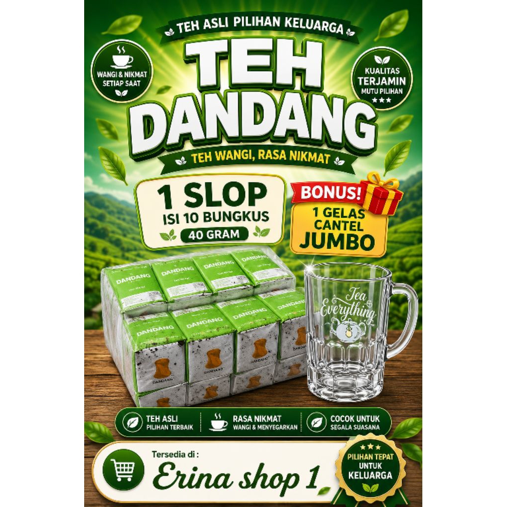 Teh Dandang Hijau  1 Slop 10 bungkus bonus gelas cantel jumbo