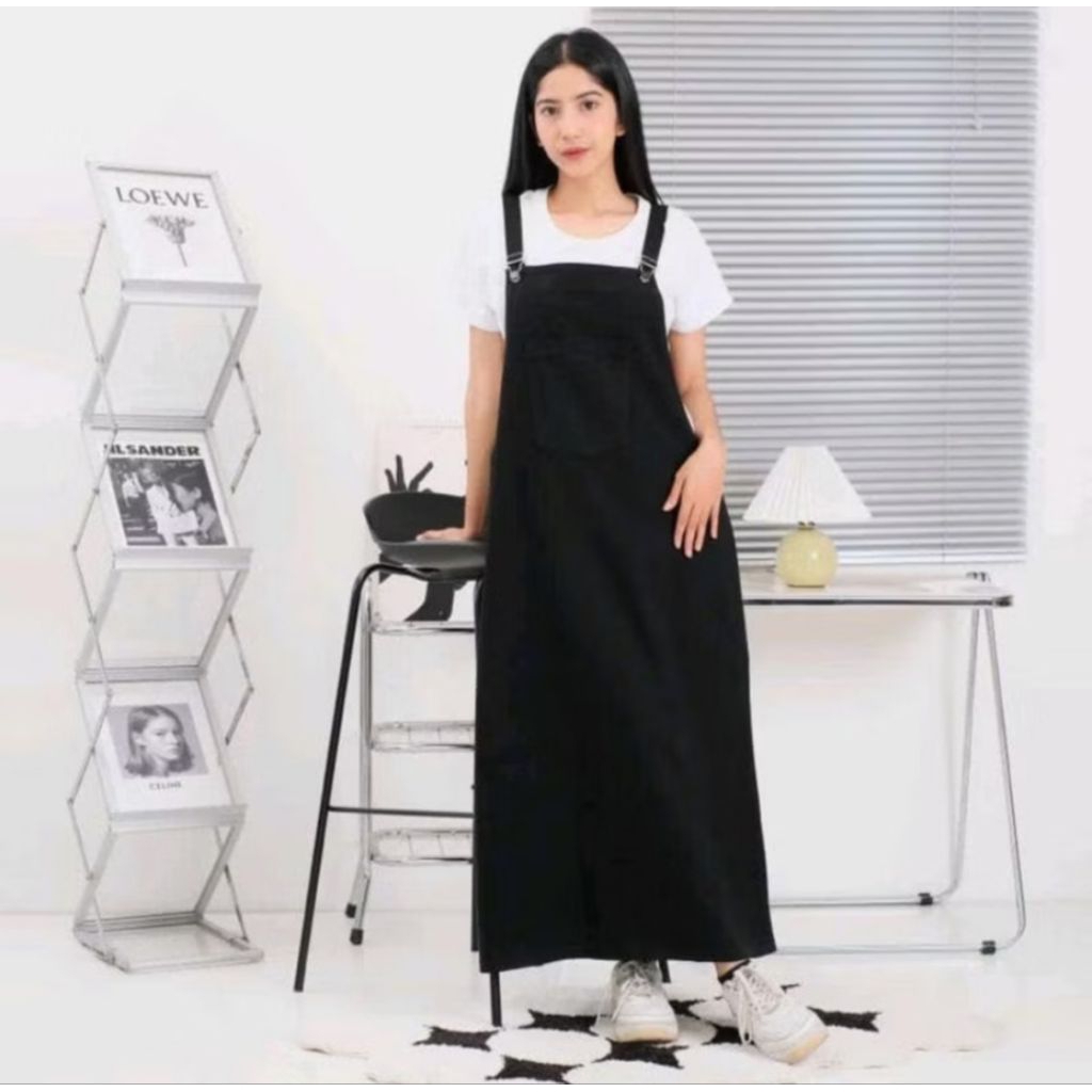 (NK.jeans) Overall Jumpsuit Jeans Wanita Pocket Polos- Dress Overall Panjang Polos Tali Adjustable -