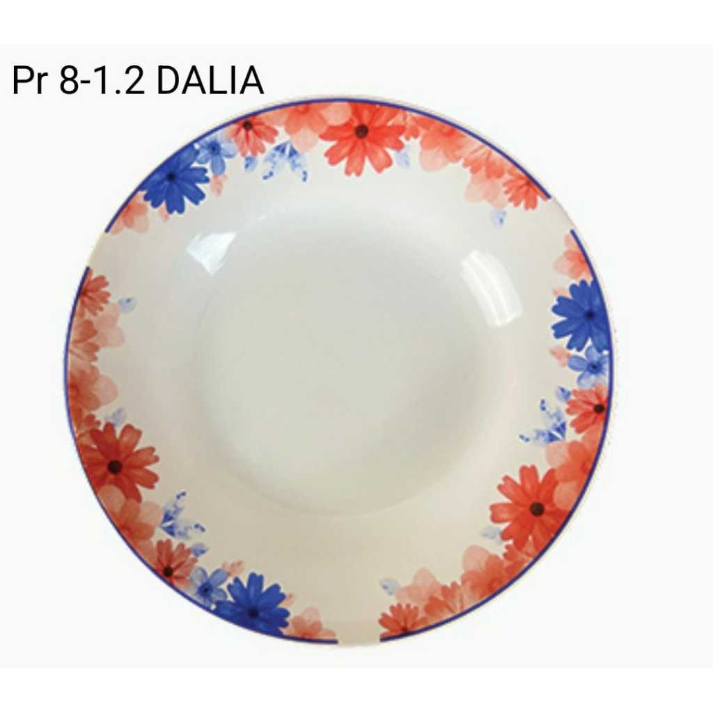 Piring Makan Keramik 8 Inchi/ 1 Lusin Piring keramik Motif Bunga Dalia