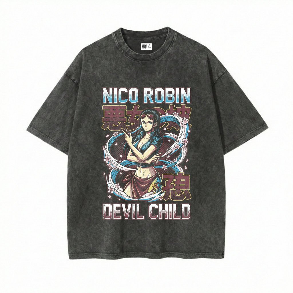 Kaos Oversize Washed Hitam Pria Wanita Motif Anime Nico Robin Devil Child One Piece