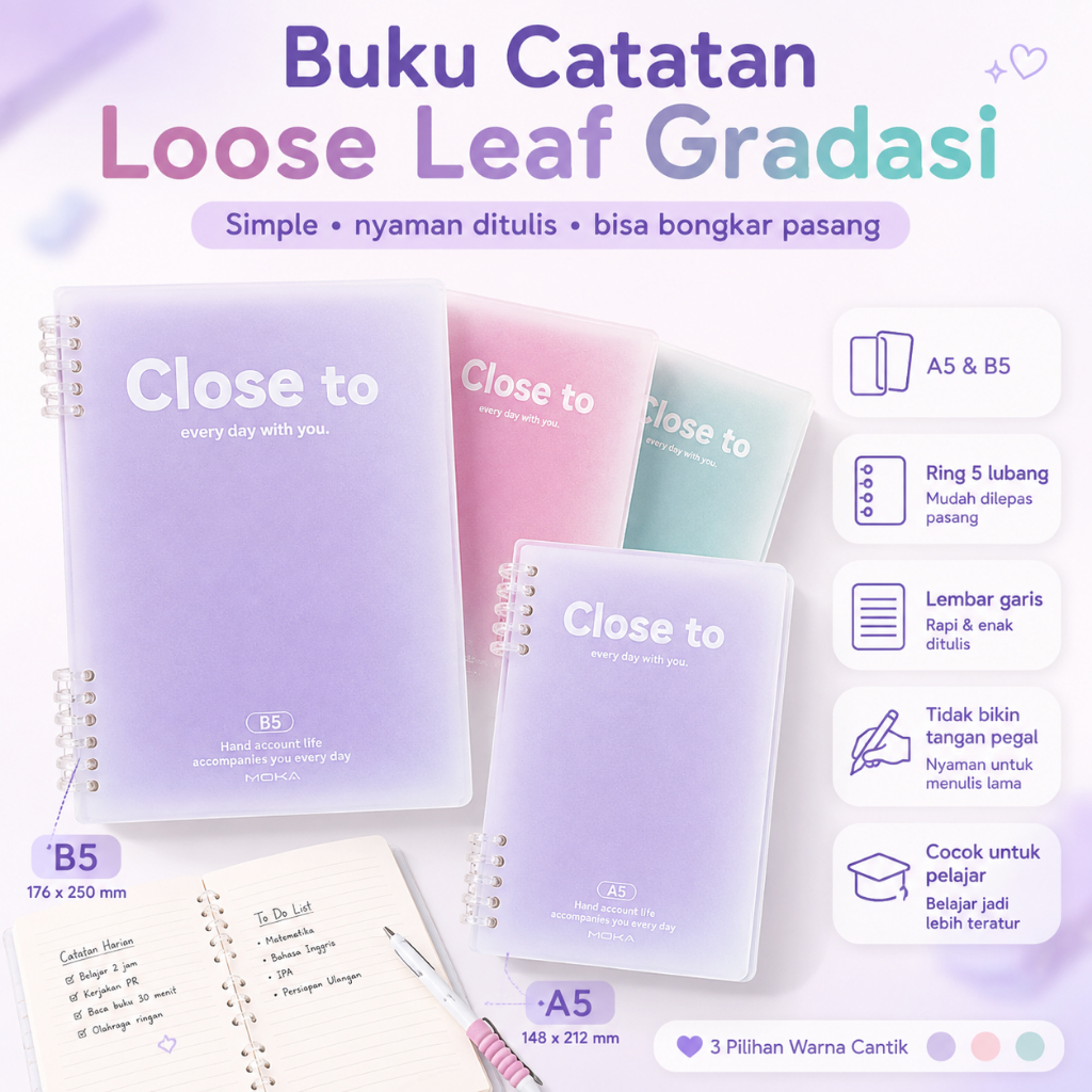 Notebook Aesthetic/Binder Buku Diary Kuliah Aesthetic A5/B5/Buku Tulis Sekolah/Buku Catatan Daun Lep