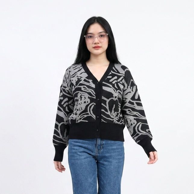 Cardigan Rajut Wanita Motif Abstrak Premium Korean Style Outer Knit Lengan Panjang Casual Elegan