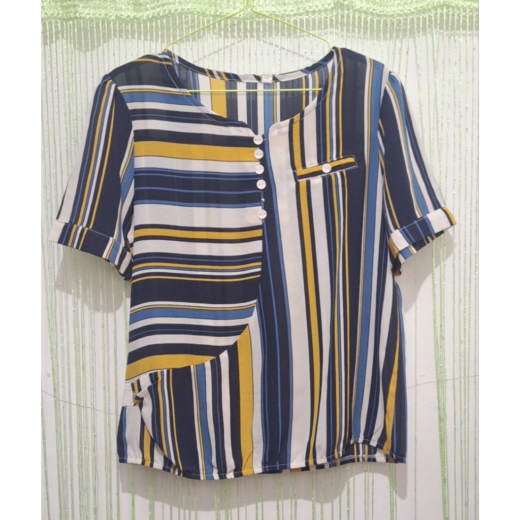 blouse blus wanita salur-salur biru kuning putih lengan pendek