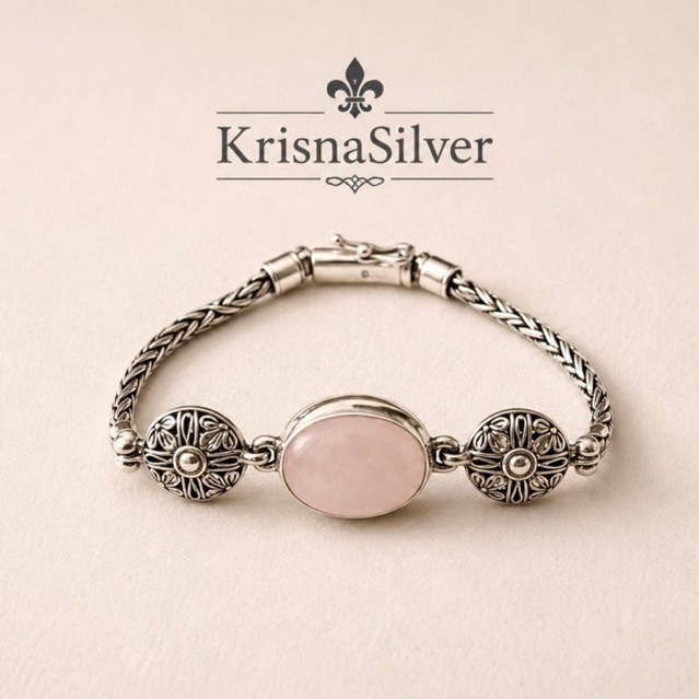 Gelang Perak 925 Batu Rose Quartz Handmade Bali Wanita