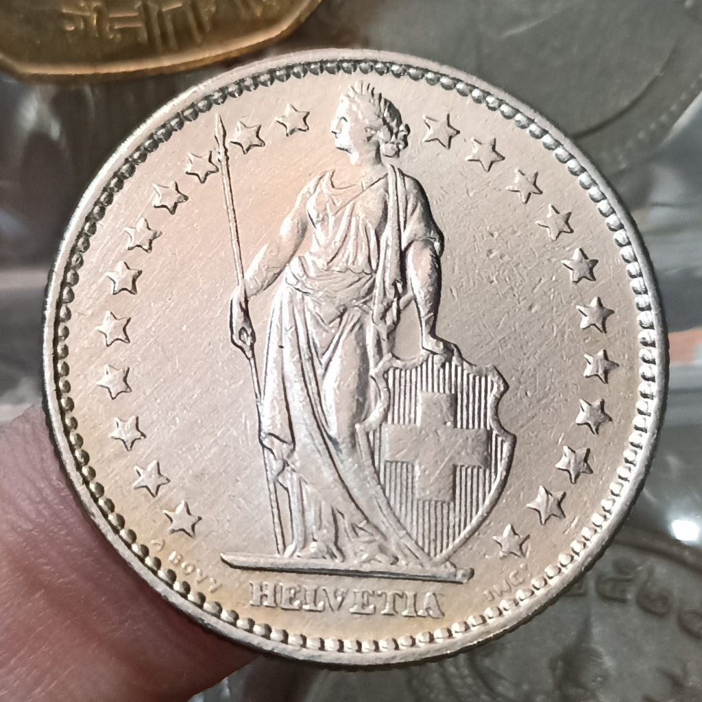 Koin Kuno Swiss 2 Francs Helvetia standing Tahun 1968