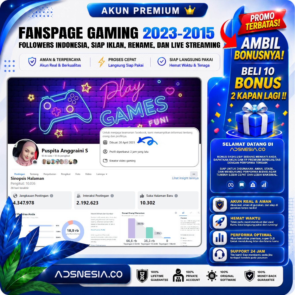 Fanspage Facebook Gaming Tahun 2023-2015 Followers Asli Indonesia Support Live Streaming, Rename, Ik