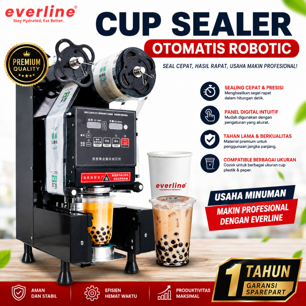 EVERLINE Cup Sealer Otomatis Robotic Mesin Press Gelas Minuman Bubble Tea Cup Sealing Machine 220V