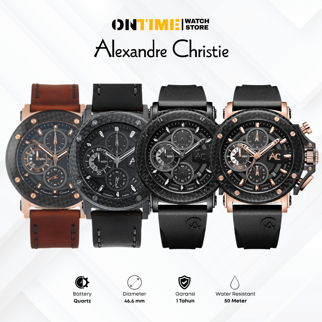 Jam Tangan Pria Alexandre Christie AC 9205 MC Carbon Special Edition Chronograph Rubber dan Leather 