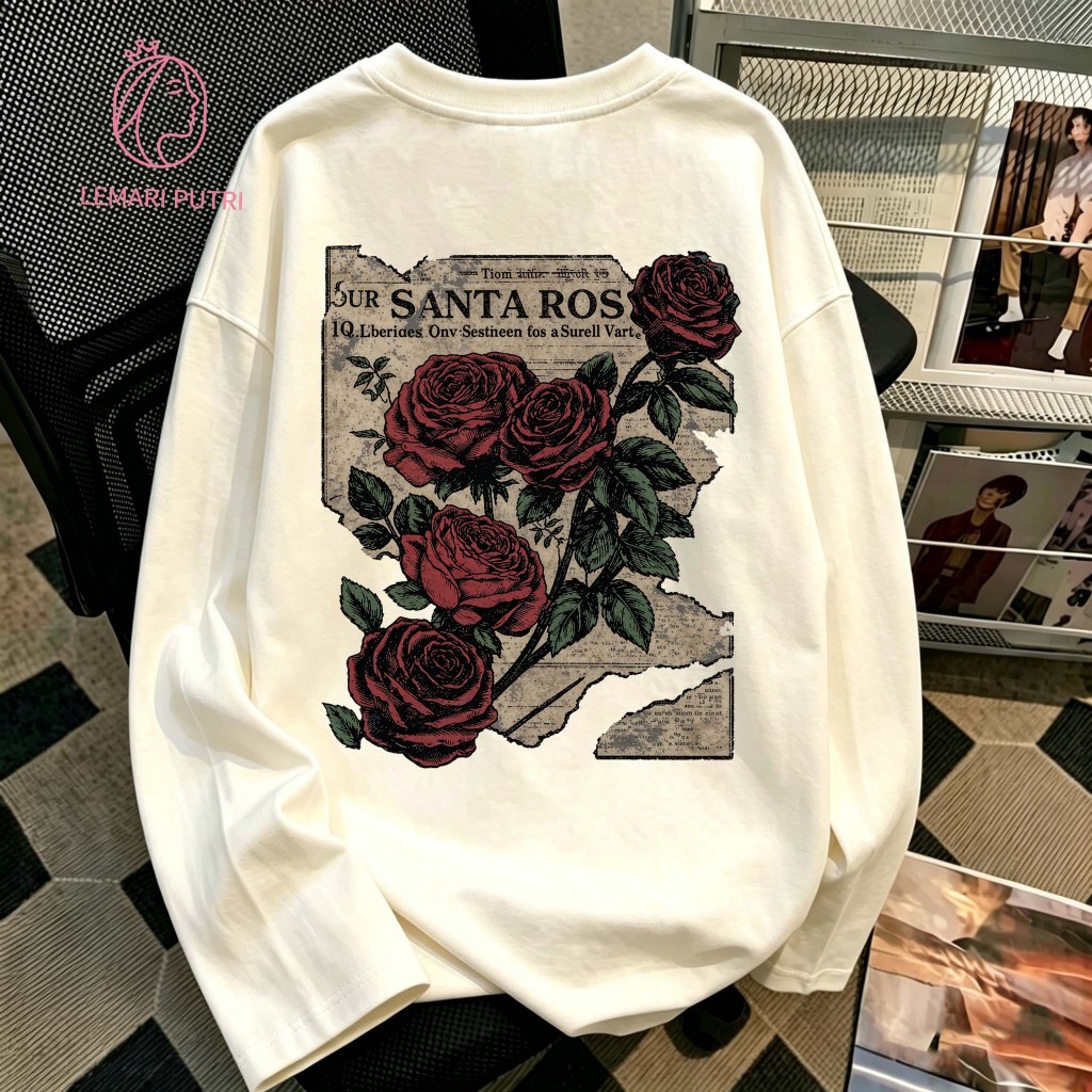 LEMARI.PUTRI Cetakan Grafis Motif Koran Lama Mawar Merah Gaya Retro Vintage Korea Lengan panjang baj