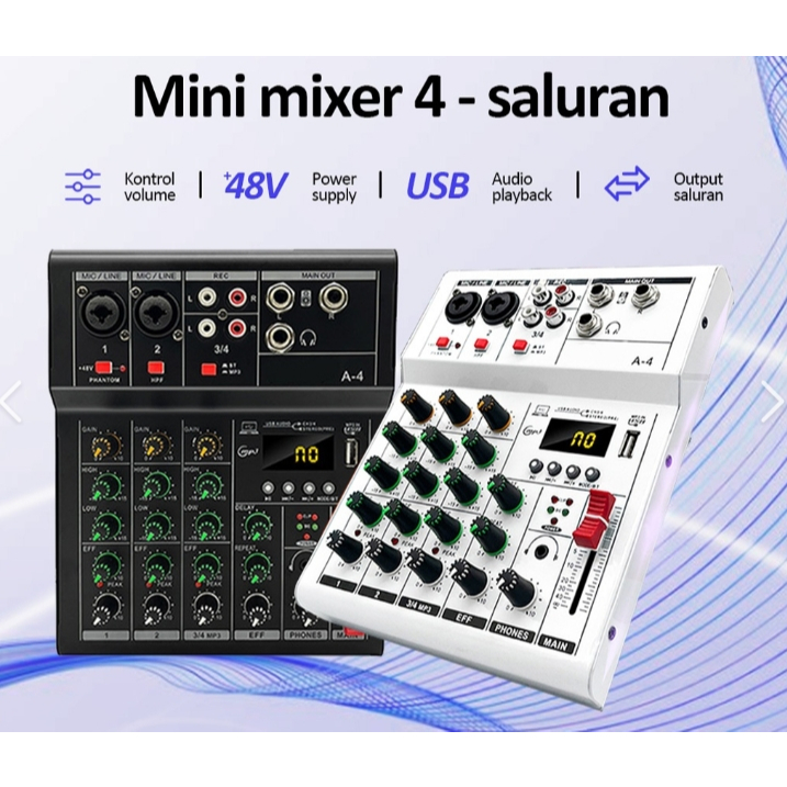Mini Mixer Audio 4 Saluran Hitam Putih Dengan 48V, USB, Kontrol Volume, Output Saluran