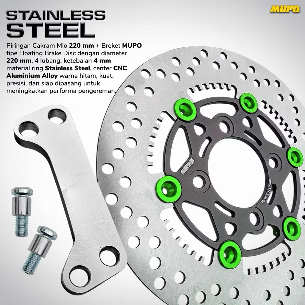 Piringan Cakram MUPO Floating 220mm Mio 4 Baut Lengkap Bracket Kaliper Stainless Racing Cocok Untuk 
