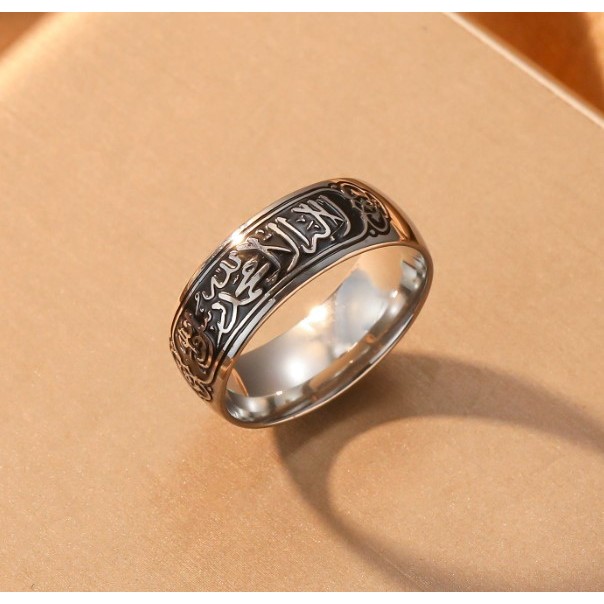 Cincin Pria Kaligrafi  Klasik Perhiasan Islami Stainless Steel  Tahan Karat Ukiran Syahadat Hitam Pu