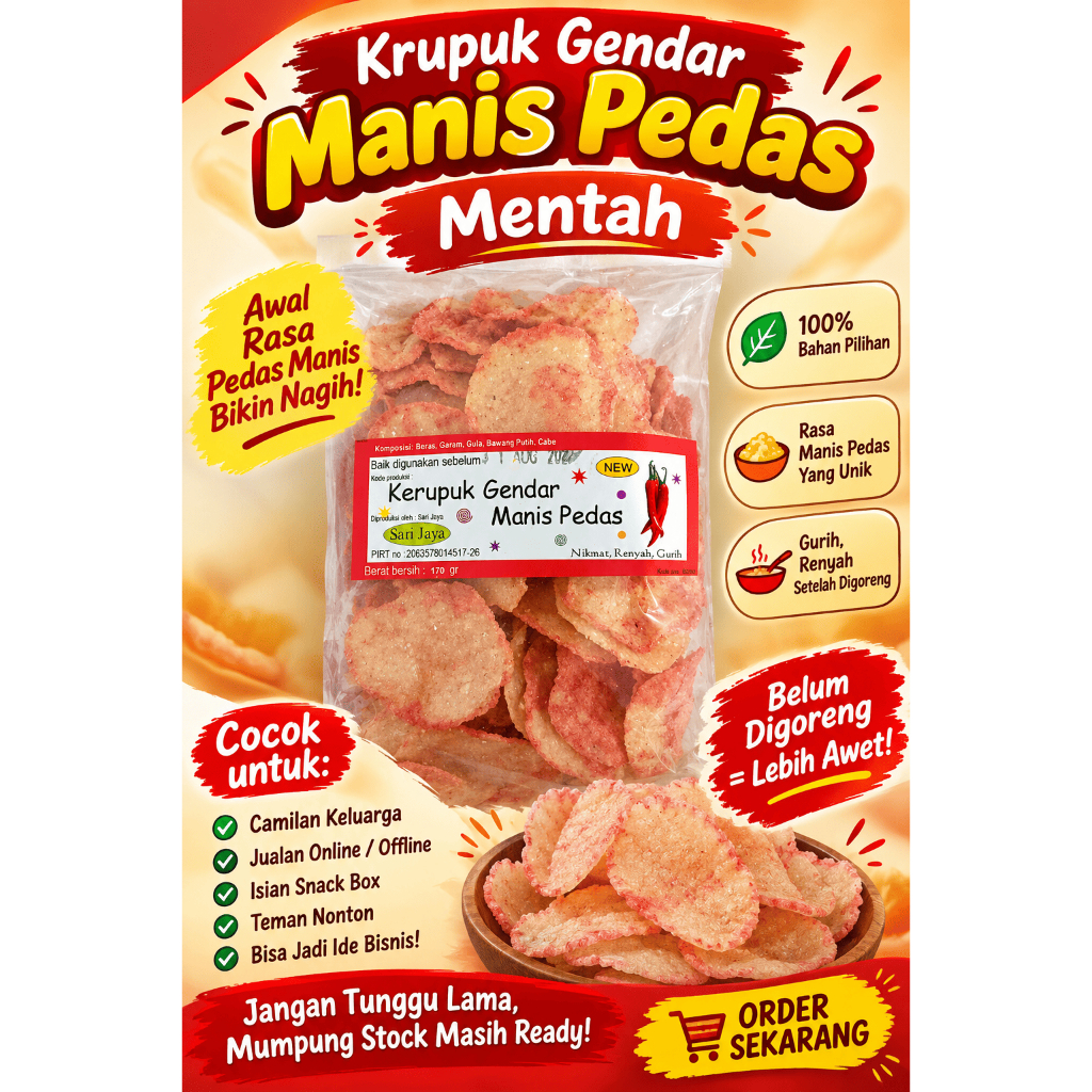 Kerupuk Gendar Manis Pedas Mentah 170g | Kerupuk Mentah Gurih Renyah | Camilan Siap Goreng