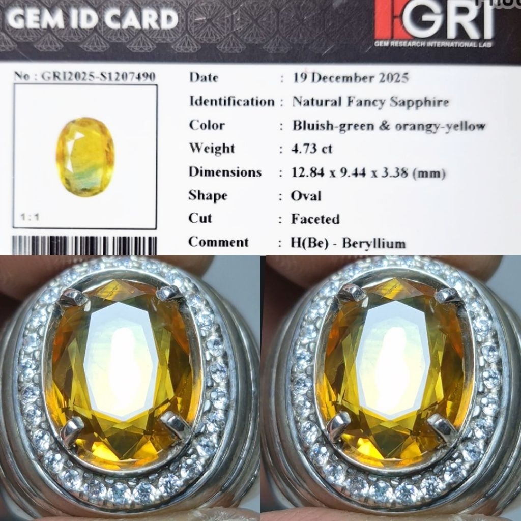 Natural Fancy Sapphire 4.73 crt Kristal Clean Bluish Green Orangy Yellow Ring Silver Handmade Perak 