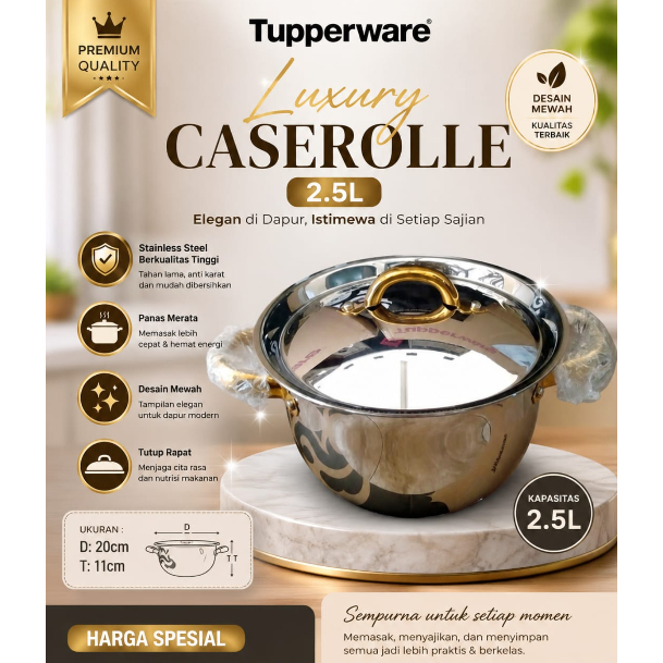 Tupperware Luxury Casserolle 2.5L | Panci Stainless Steel Premium dengan Tutup | Cocok Semua Jenis K