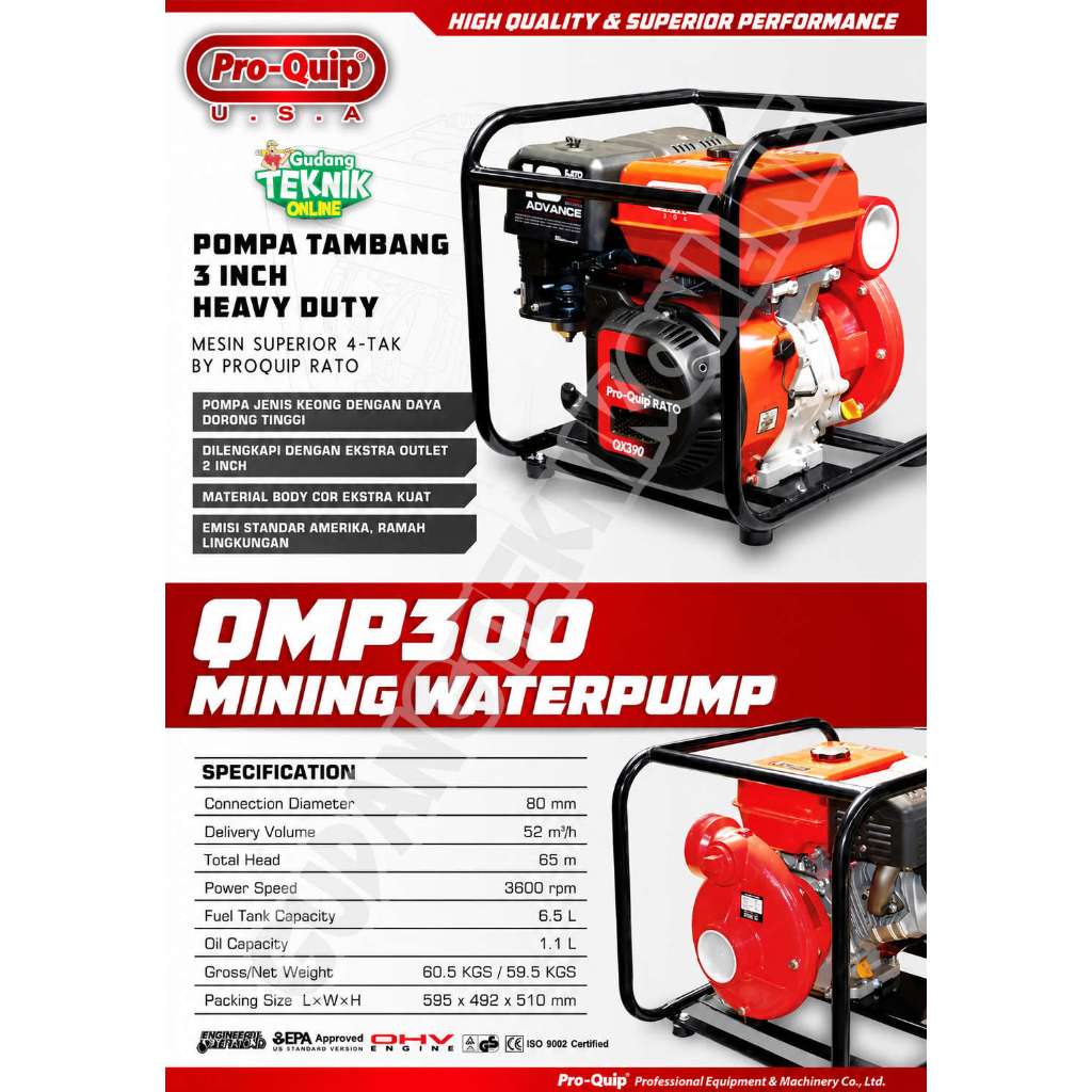Pompa Air Tambang 3" QMP300 QMP300D PROQUIP Waterpump Bensin Solar Water Pump 3 Inch Alkon Air QMP 3
